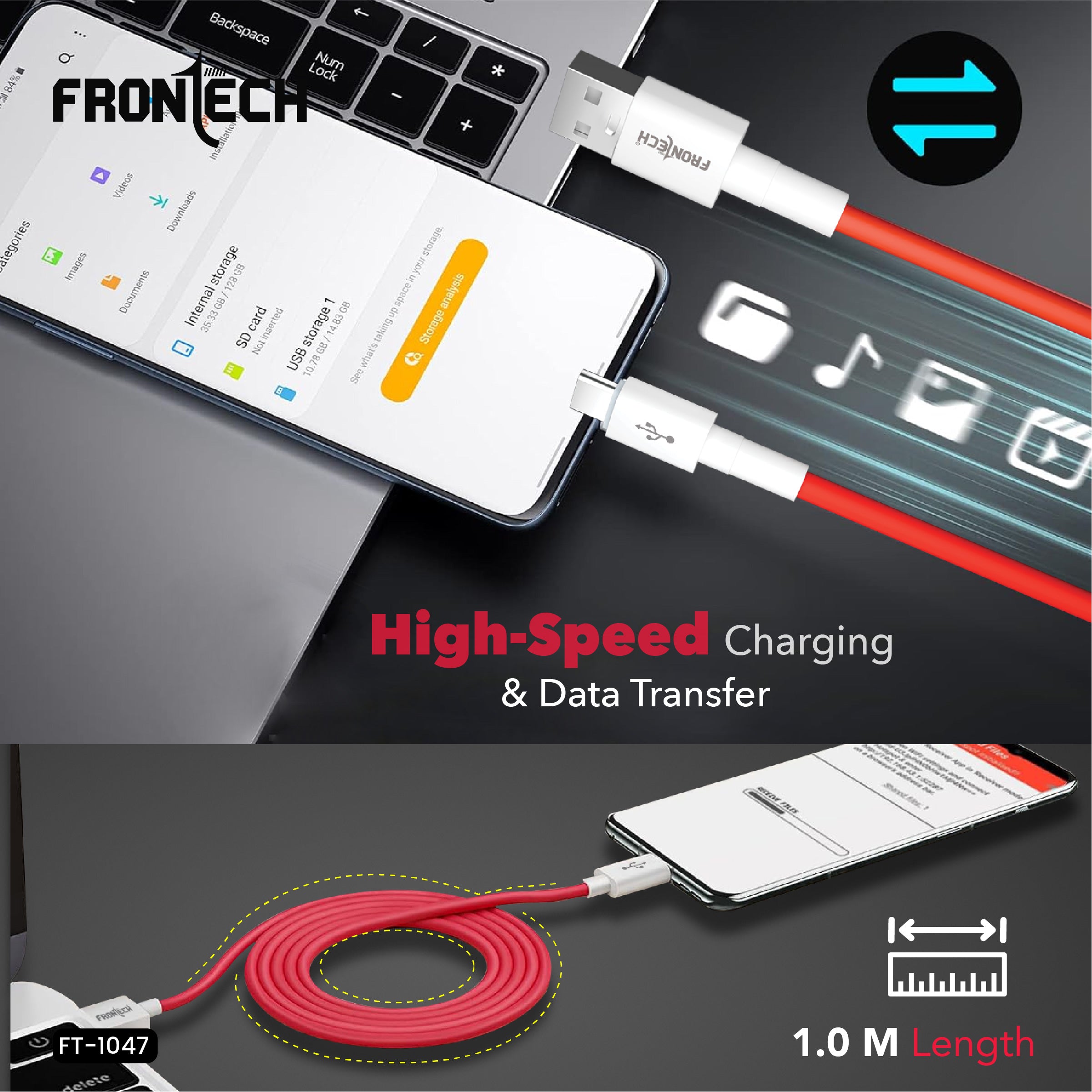 Frontech USB Type-C Fast Charging Cable | 100W Power Delivery | 1M Durable & Bend-Resistant | SuperSpeed Data Transfer | Red & White (FT-1047) Frontech USB Type-C Fast Charging Cable | 100W Power Delivery | 1M Durable & Bend-Resistant | SuperSpeed Data Transfer | Red & White (FT-1047)